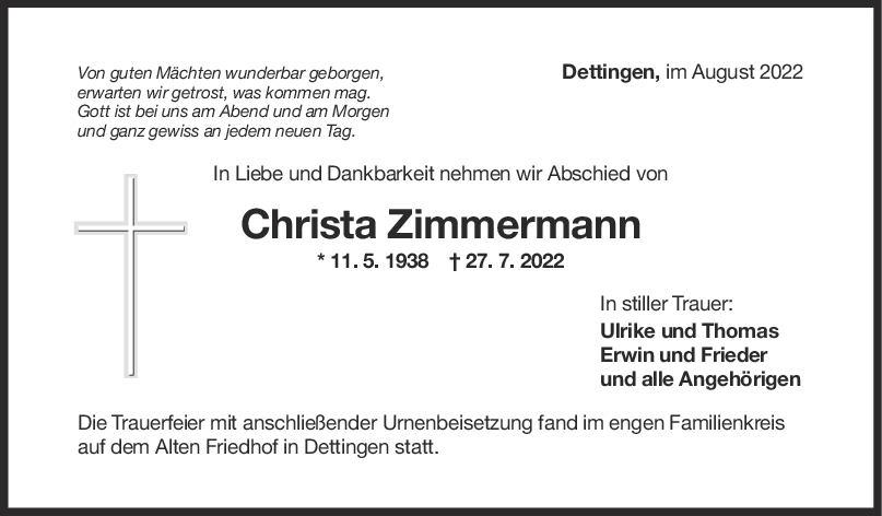 Trauer Christina Zimmermann 13/08/2022