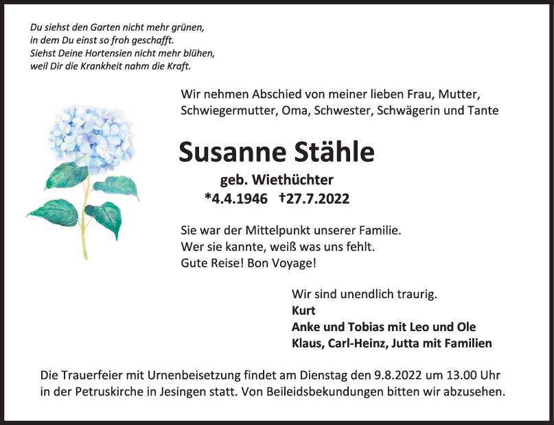 Trauer Susanne Stähle 06/08/2022