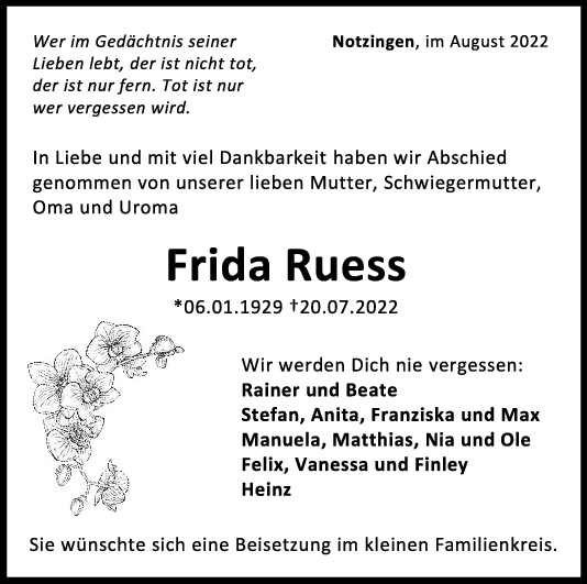 Trauer Frida Ruess 06/08/2022