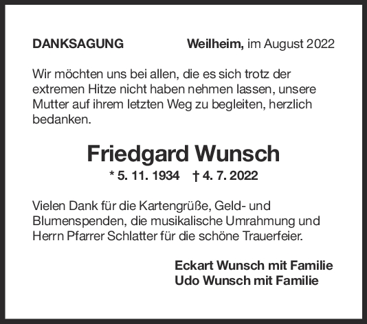 Danksagung Friedgard Wunsch 09/08/2022