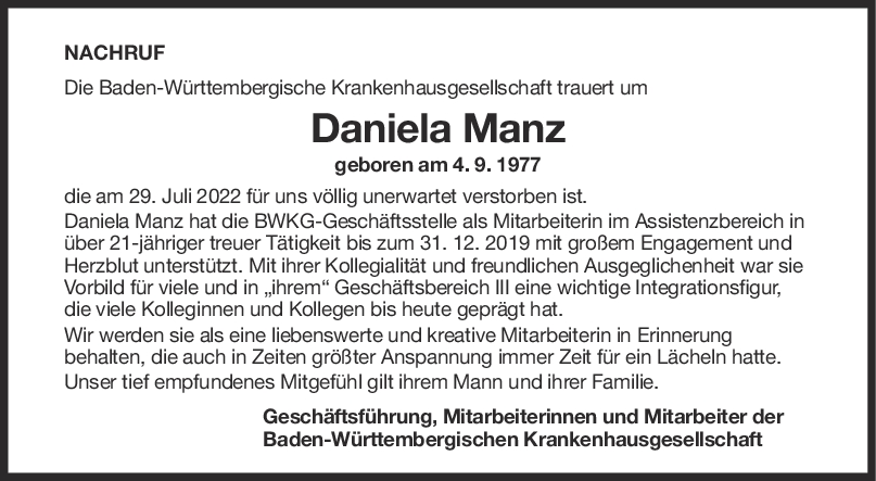 Nachruf Daniela Manz <br><p style=