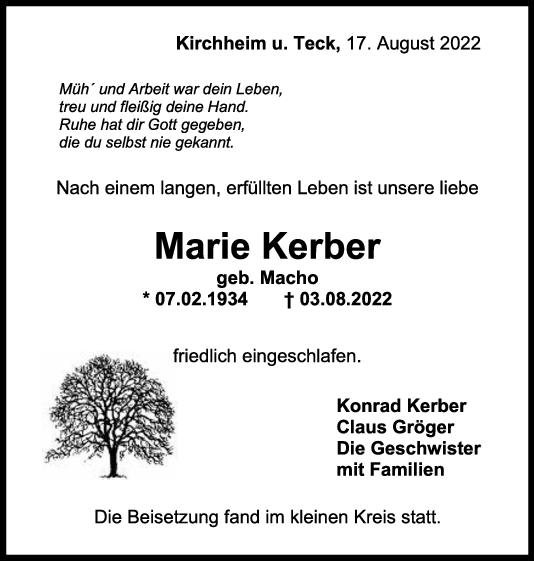 Trauer Marie Kerber 17/08/2022
