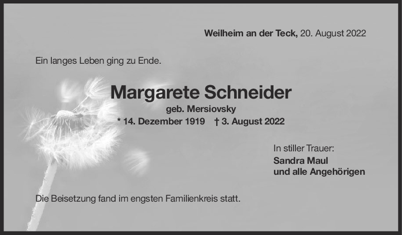 Trauer Margarete Schneider <br><p style=