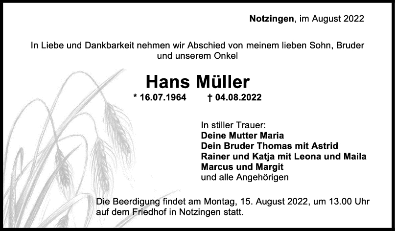 Trauer Hans Müller 10/08/2022