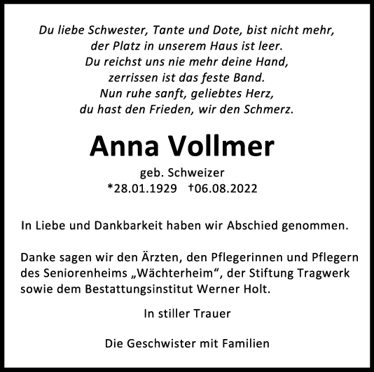 Trauer Anna Vollmer 13/08/2022