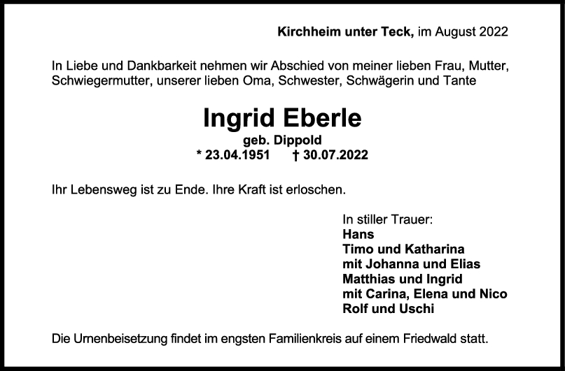 Trauer Ingrid Eberle 13/08/2022