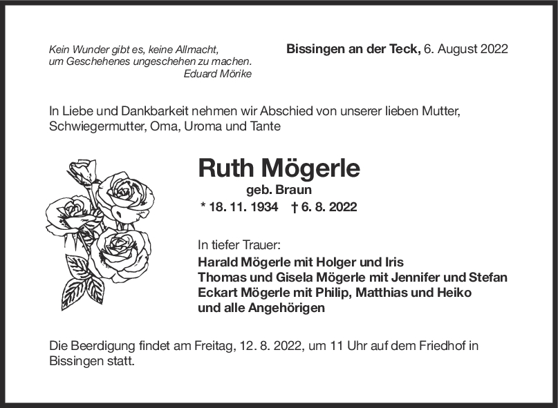 Trauer Ruth Mögerle 10/08/2022