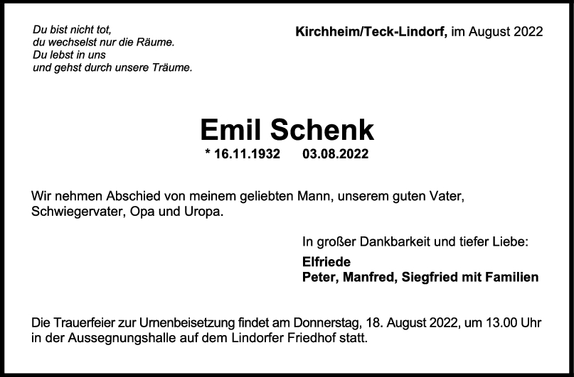 Trauer Emil Schenk 13/08/2022