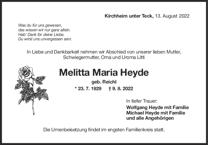 Trauer Melitta Maria Heyde 13/08/2022