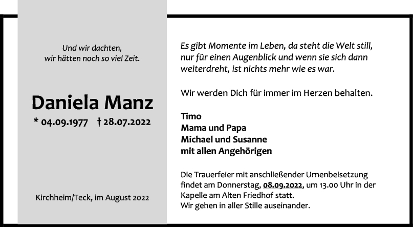 Trauer Daniela Manz 13/08/2022