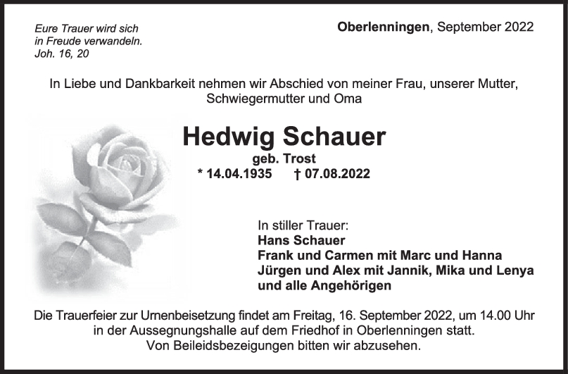 Trauer Hedwig Schauer 12/09/2022