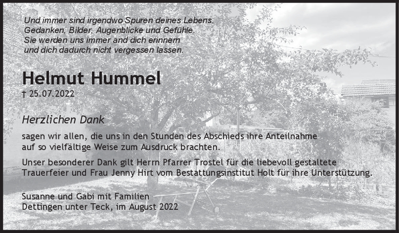 Danksagung Helmut Hummel <br><p style=