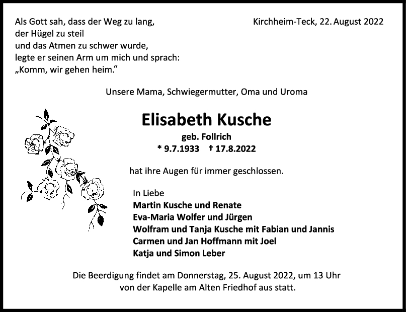 Trauer Elisabeth Kusche 22/08/2022