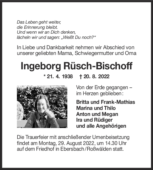 Trauer Ingeborg Rüsch-Bischoff <br><p style=