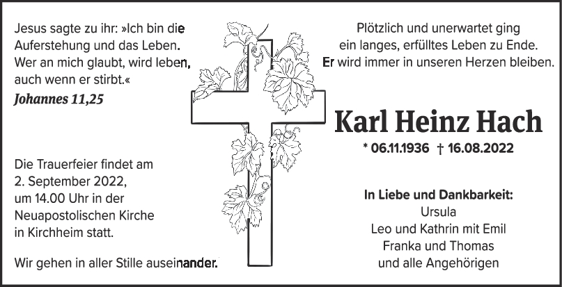 Trauer Karl Heinz Hach 24/08/2022