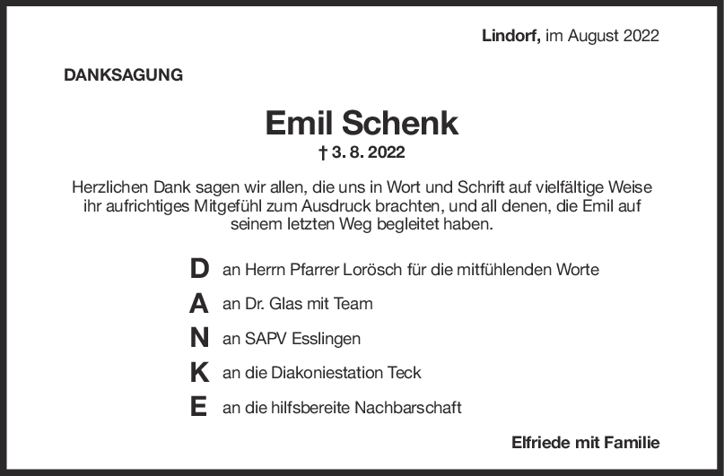 Danksagung Emil Schenk <br><p style=