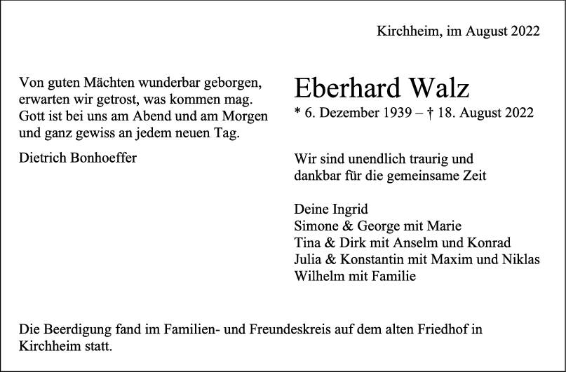 Trauer Eberhard Walz 27/08/2022
