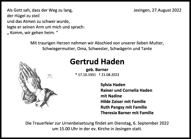 Trauer Gertrud Haden <br><p style=