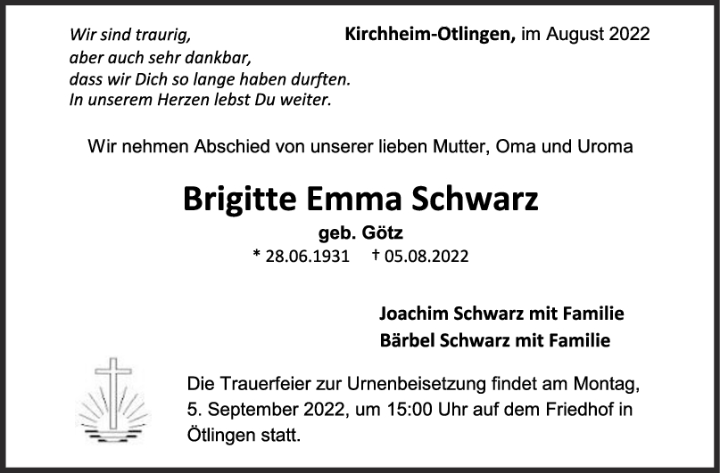 Trauer Brigitte Emma Schwarz <br><p style=