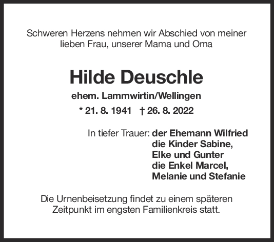 Trauer Hilde Deuschle <br><p style=