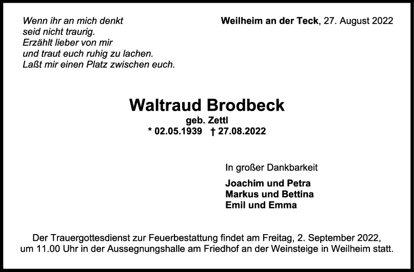 Trauer Waltraud Brodbeck <br><p style=
