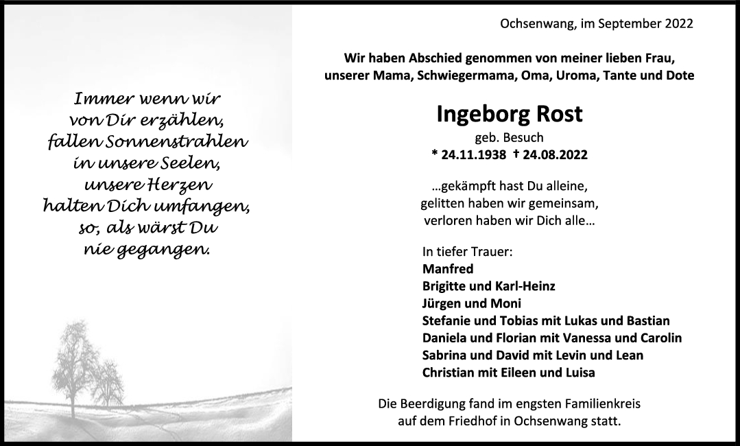 Trauer Ingeborg Rost <br><p style=