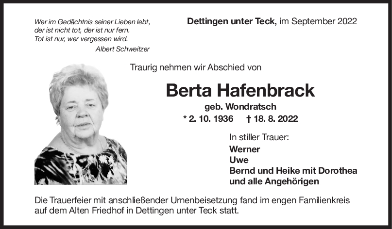 Trauer Berta Hafenbrack <br><p style=