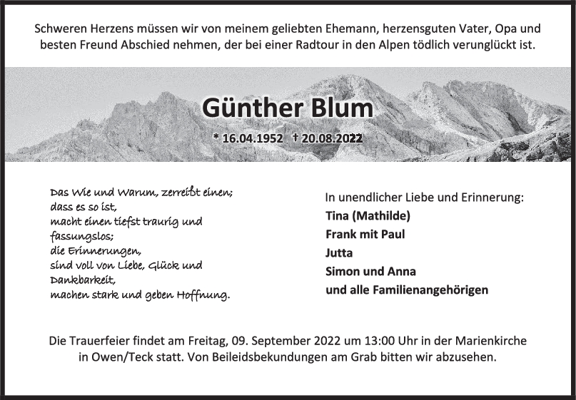 Trauer Günther Blum <br><p style=