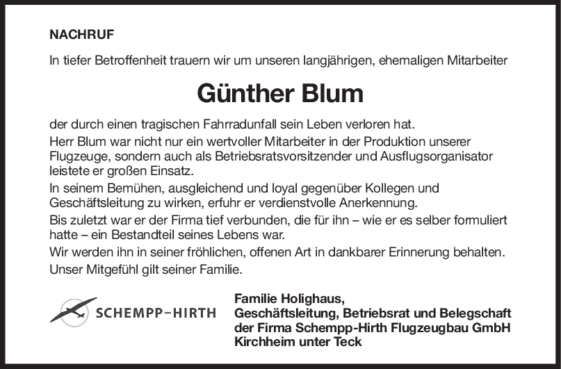 Nachruf Günther Blum <br><p style=