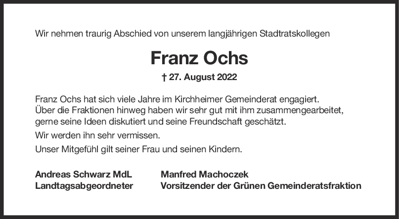 Nachruf Franz Ochs <br><p style=