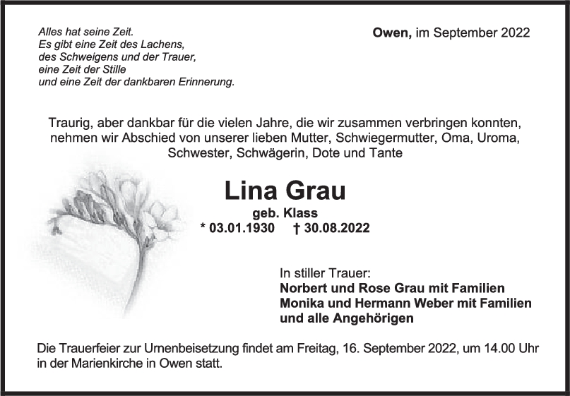 Trauer Lina Grau 12/09/2022