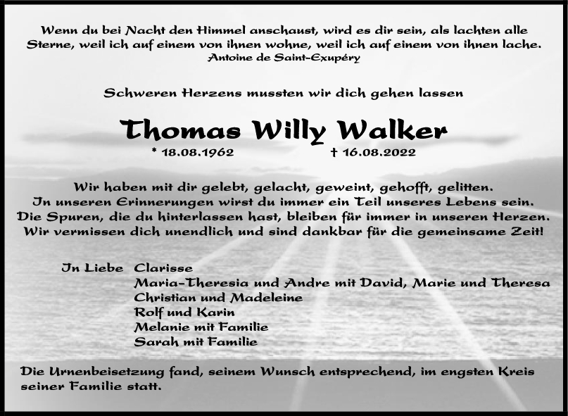 Trauer Thomas Walker 10/09/2022