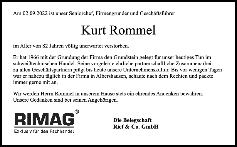 Nachruf Kurt Rommel <br><p style=