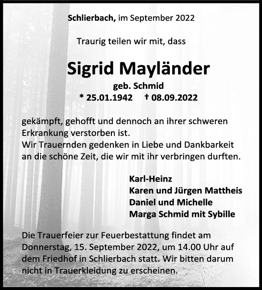 Trauer Sigrid Mayländer <br><p style=