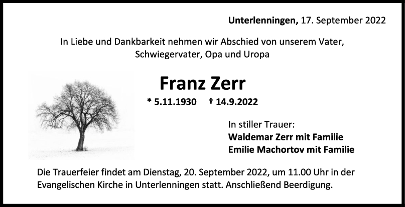 Trauer Franz Zerr <br><p style=
