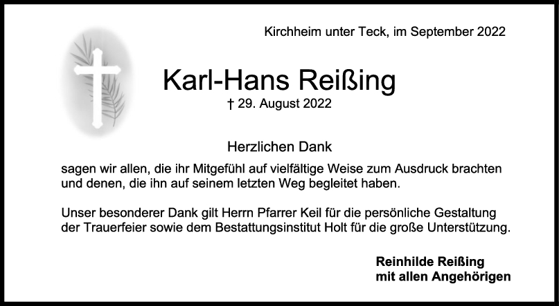 Danksagung Karl-Hans Reißing <br><p style=