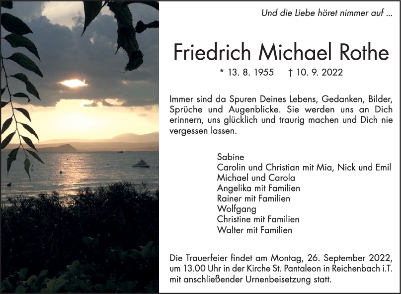 Trauer Friedrich Michael Rothe 22/09/2022