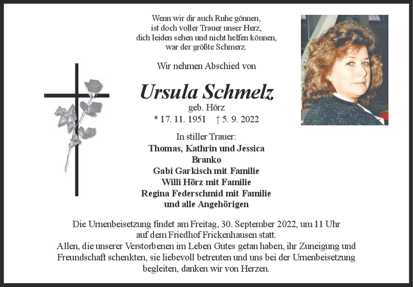 Trauer Ursula Schmelz <br><p style=