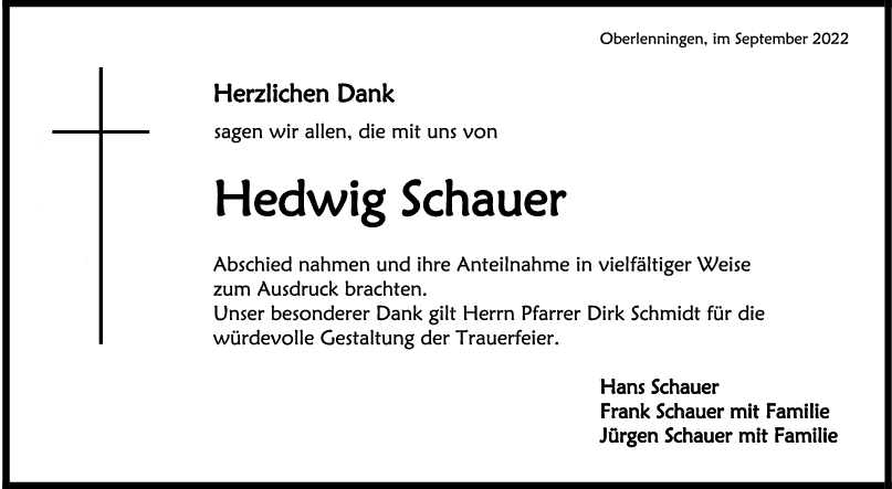 Danksagung Hedwig Schauer <br><p style=