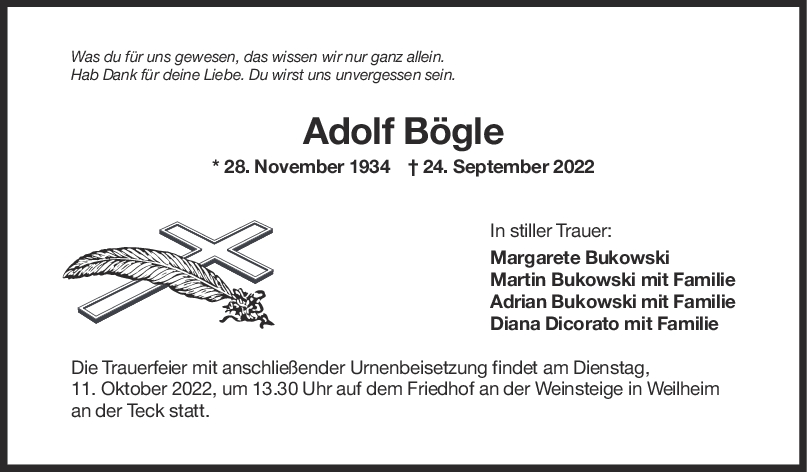 Trauer Adolf Bögle <br><p style=