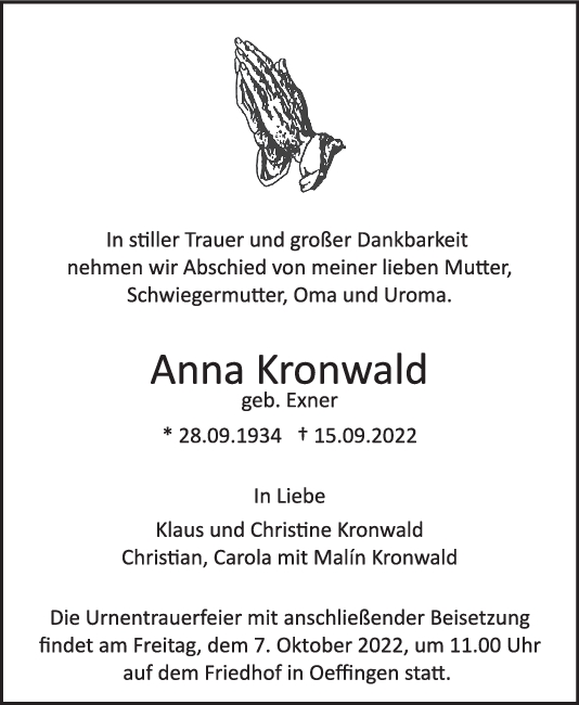 Trauer Anna Kronwald <br><p style=