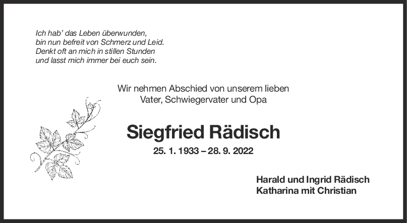 Trauer Siegfried Rädisch <br><p style=