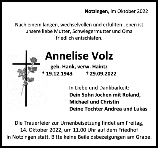 Trauer Annelise Volz <br><p style=