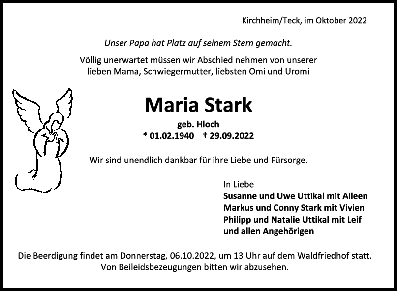 Trauer Maria Stark 01/10/2022