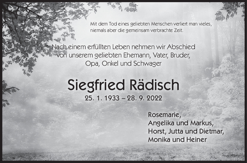 Trauer Siegfried Rädisch 05/10/2022