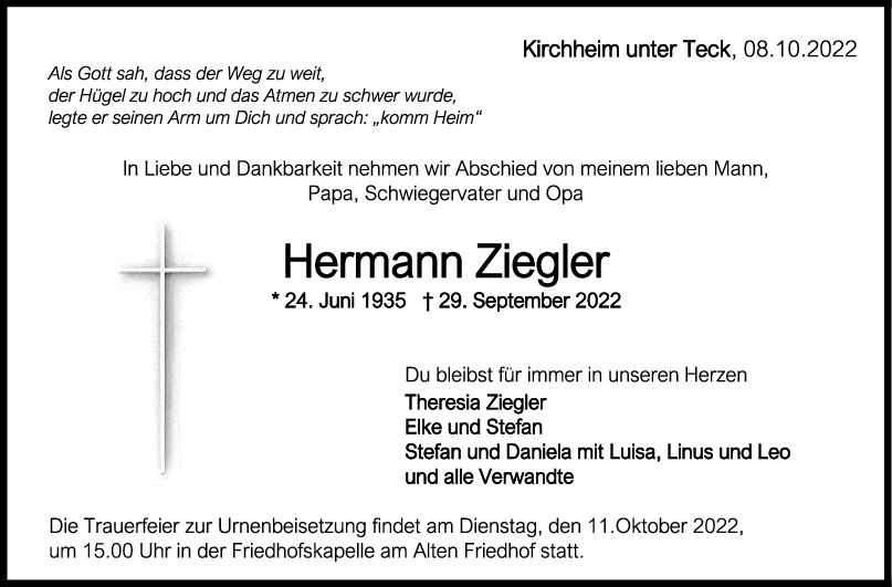 Trauer Hermann Ziegler 08/10/2022