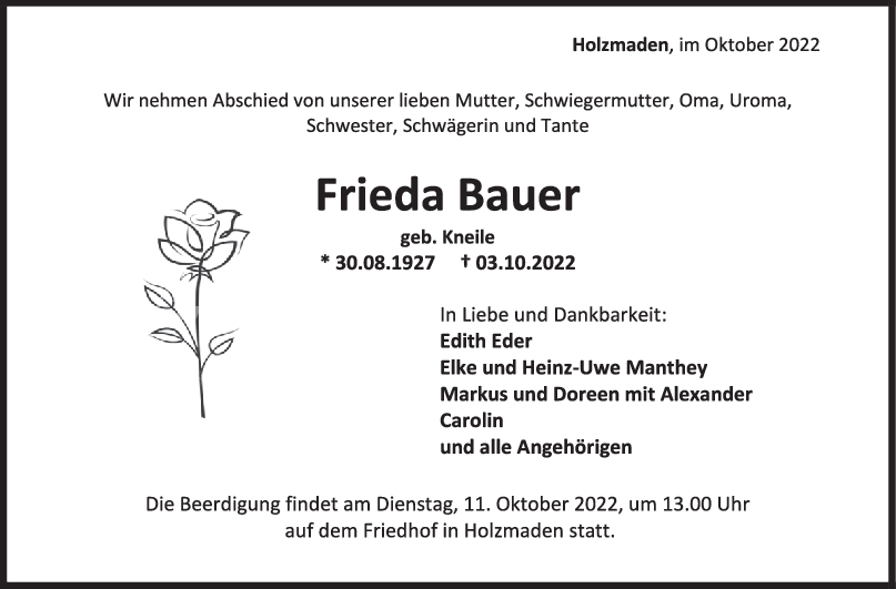 Trauer Frieda Bauer 06/10/2022