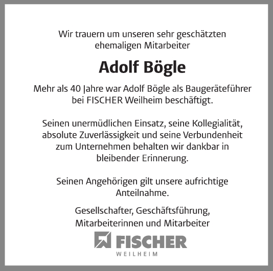 Nachruf Adolf Bögle <br><p style=