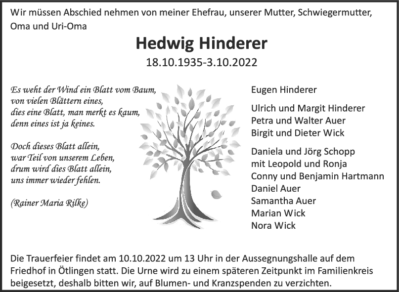 Trauer Hedwig Hinderer 08/10/2022