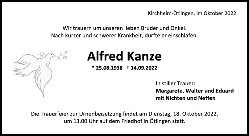 Trauer Alfred Kanze 12/10/2022